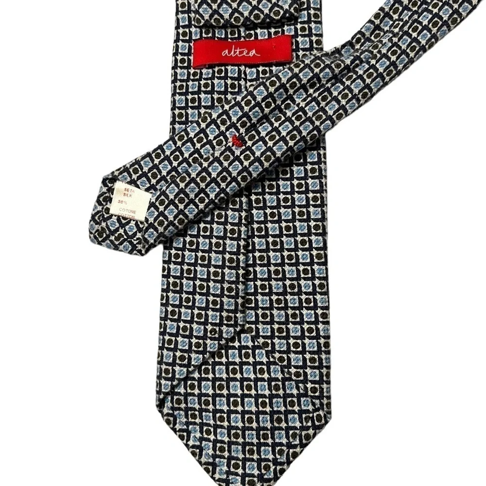 ALTEA luxury Italian geometric light blue & brown silk & cotton tie